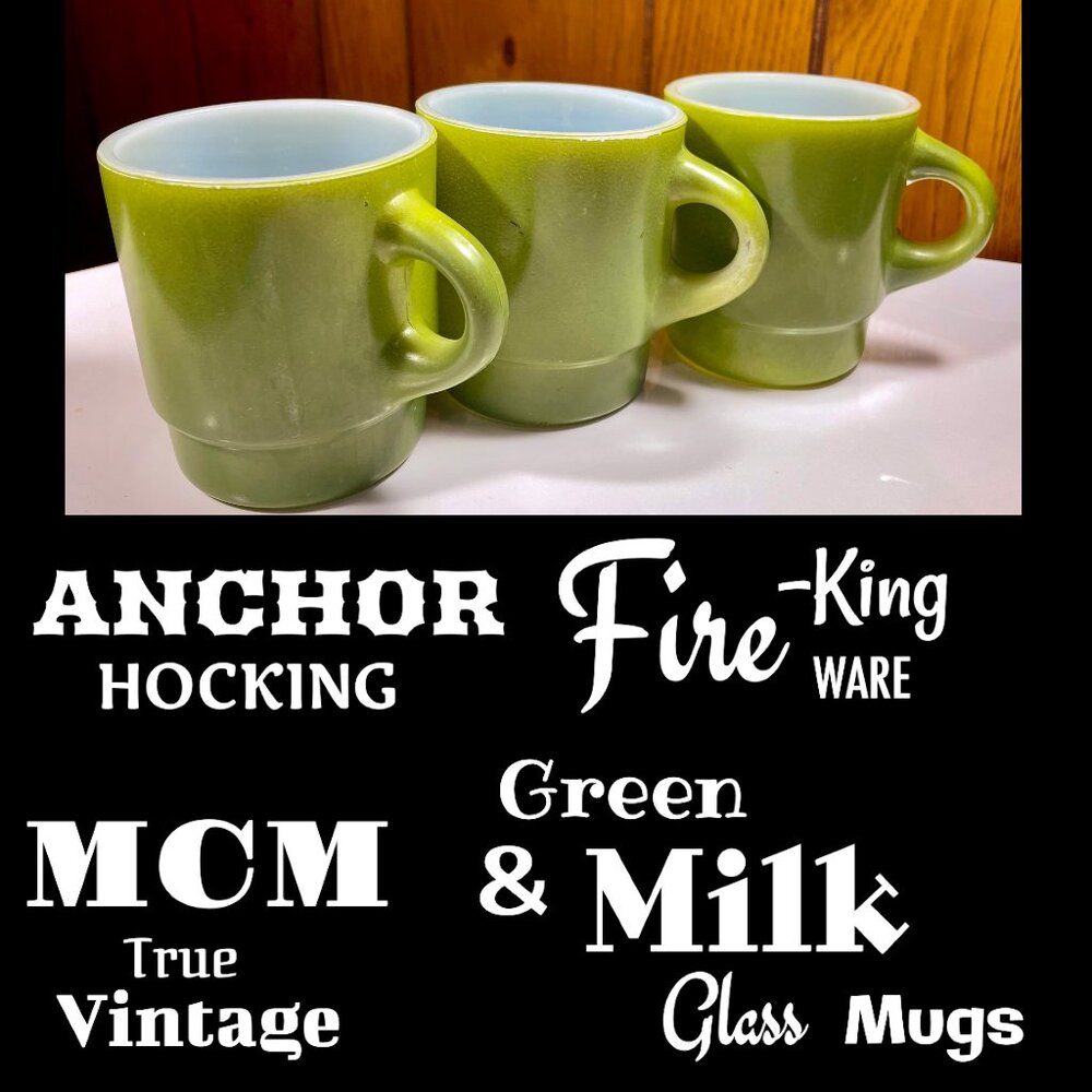 ▪️VTG▪️ANCHOR HOCKING▪️Set of 3 FIRE-KING Avocado Green & White Milk Glass Mugs